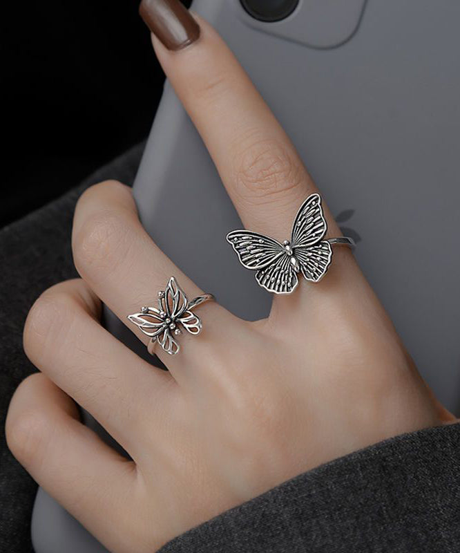 Skinny Silk Sterling Silver Butterfly Hollow Out Rings Two-Piece Set