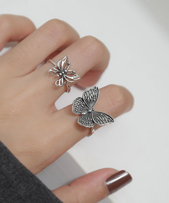 Skinny Silk Sterling Silver Butterfly Hollow Out Rings Two-Piece Set