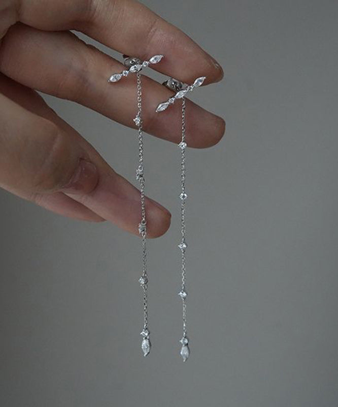 Skinny Silk Sterling Silver Overgild Zircon Tassel Drop Earrings