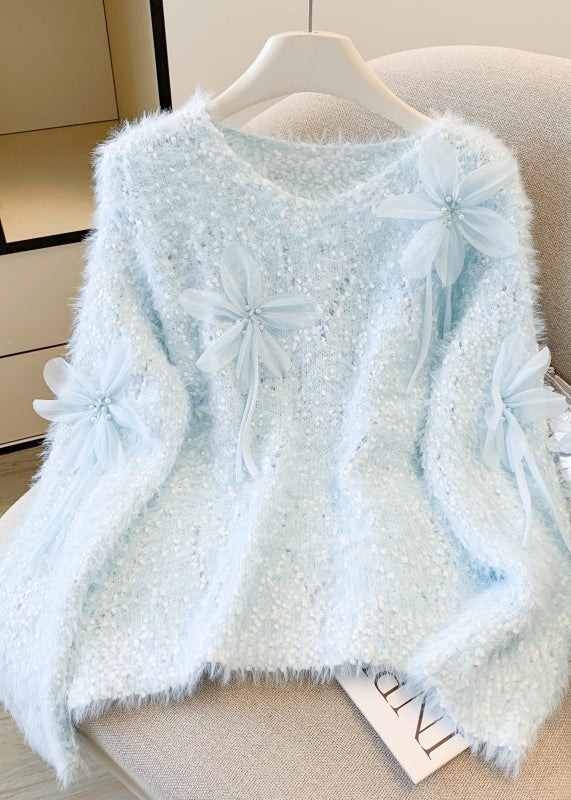 Sky Blue Floral Decorated Sweaters Oversized Nail Bead Winter