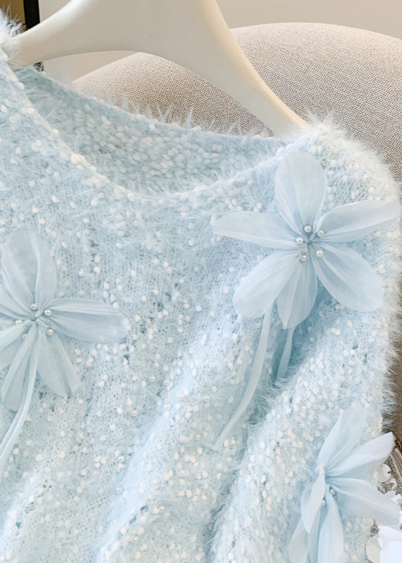 Sky Blue Floral Decorated Sweaters Oversized Nail Bead Winter