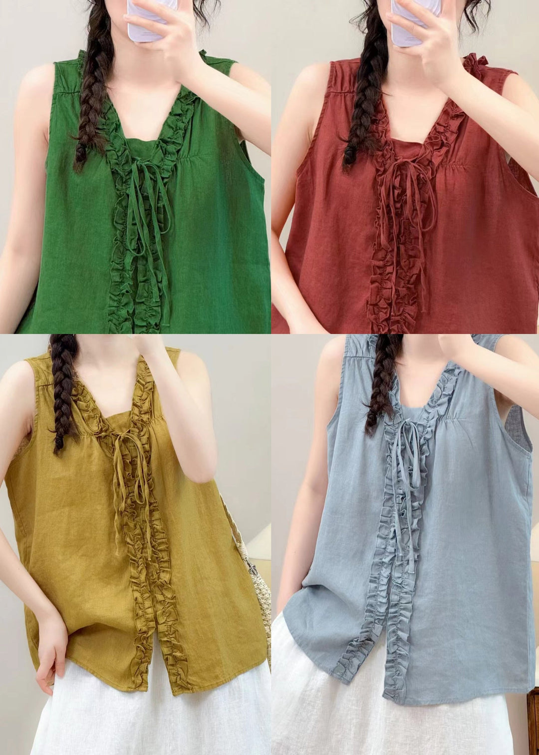 Sky Blue Linen Shirts Ruffled Lace Up Sleeveless
