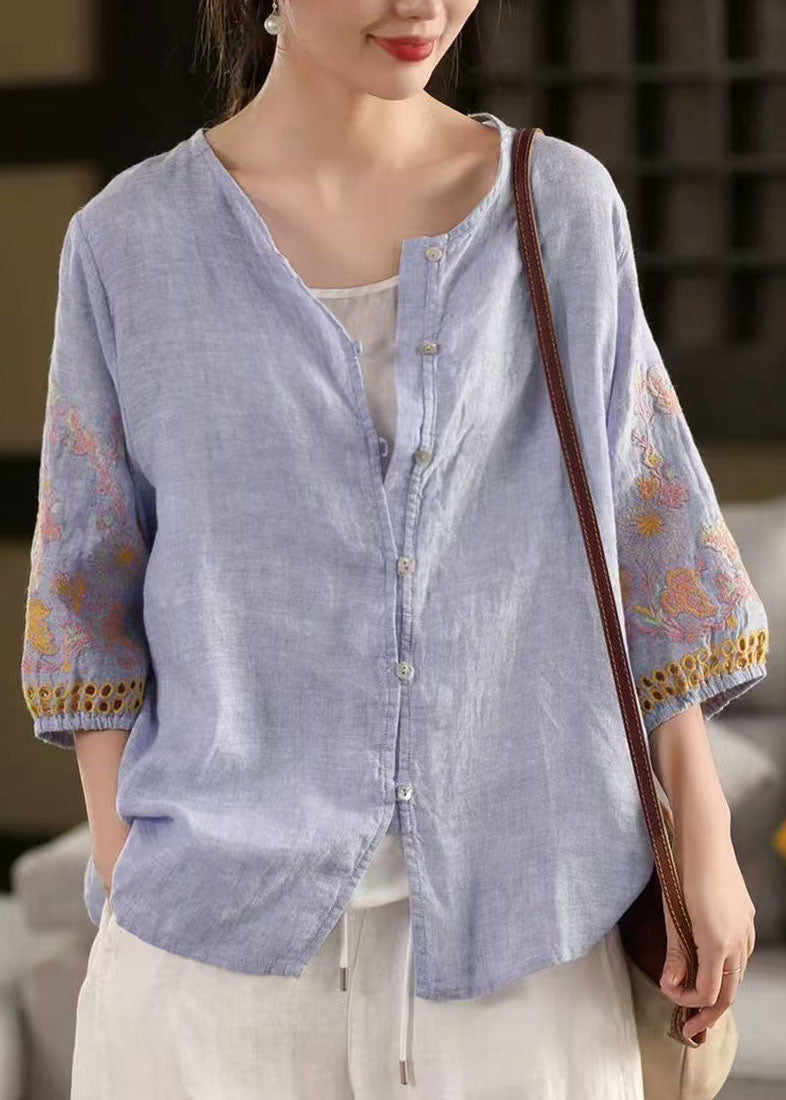 Sky Blue Linen Tops Oversized Embroidered Bracelet Sleeve