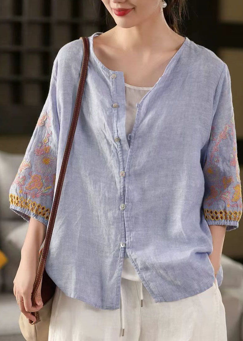 Sky Blue Linen Tops Oversized Embroidered Bracelet Sleeve