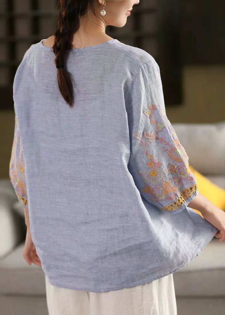 Sky Blue Linen Tops Oversized Embroidered Bracelet Sleeve