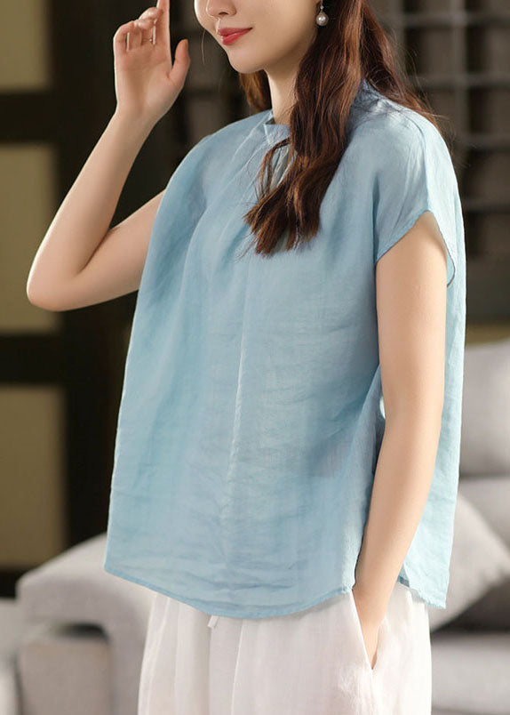 Sky Blue Linen Tops Stand Collar Oversized Summer