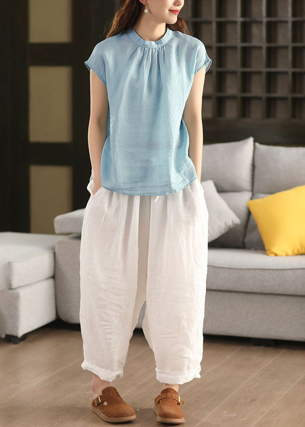 Sky Blue Linen Tops Stand Collar Oversized Summer