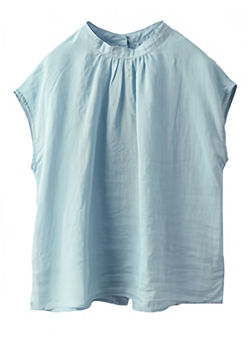 Sky Blue Linen Tops Stand Collar Oversized Summer