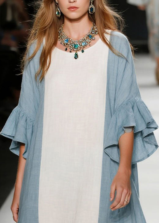 Sky Blue Patchwork Cotton Dresses Oversized Flare Sleeve