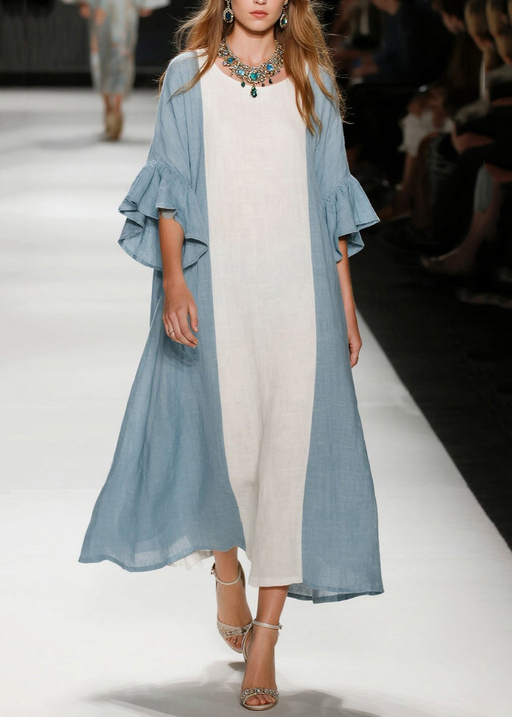 Sky Blue Patchwork Cotton Dresses Oversized Flare Sleeve