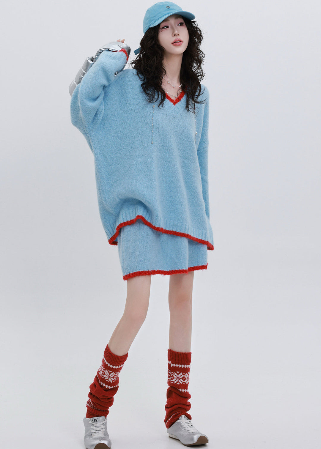 Sky Blue Patchwork Knit Two Pieces Set V Neck Winter