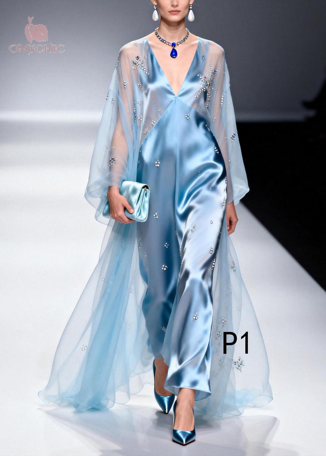Sky Blue Patchwork Tulle Chiffon Evening Dresses Rhinestone Summer