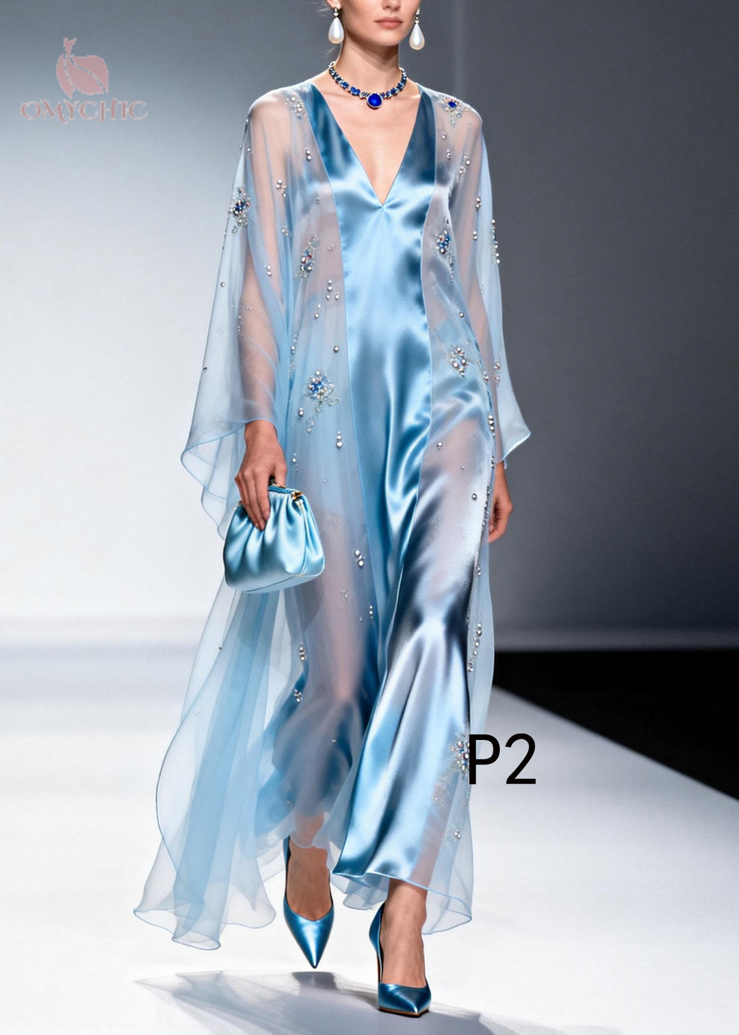 Sky Blue Patchwork Tulle Chiffon Evening Dresses Rhinestone Summer