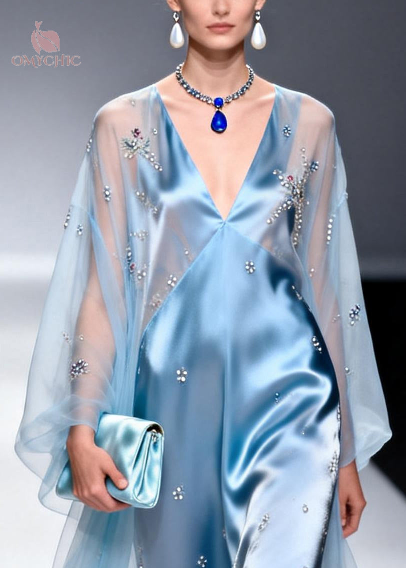 Sky Blue Patchwork Tulle Chiffon Evening Dresses Rhinestone Summer