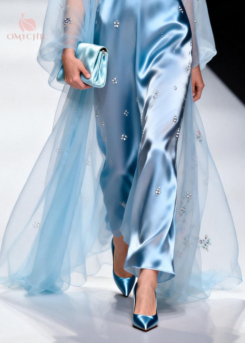 Sky Blue Patchwork Tulle Chiffon Evening Dresses Rhinestone Summer