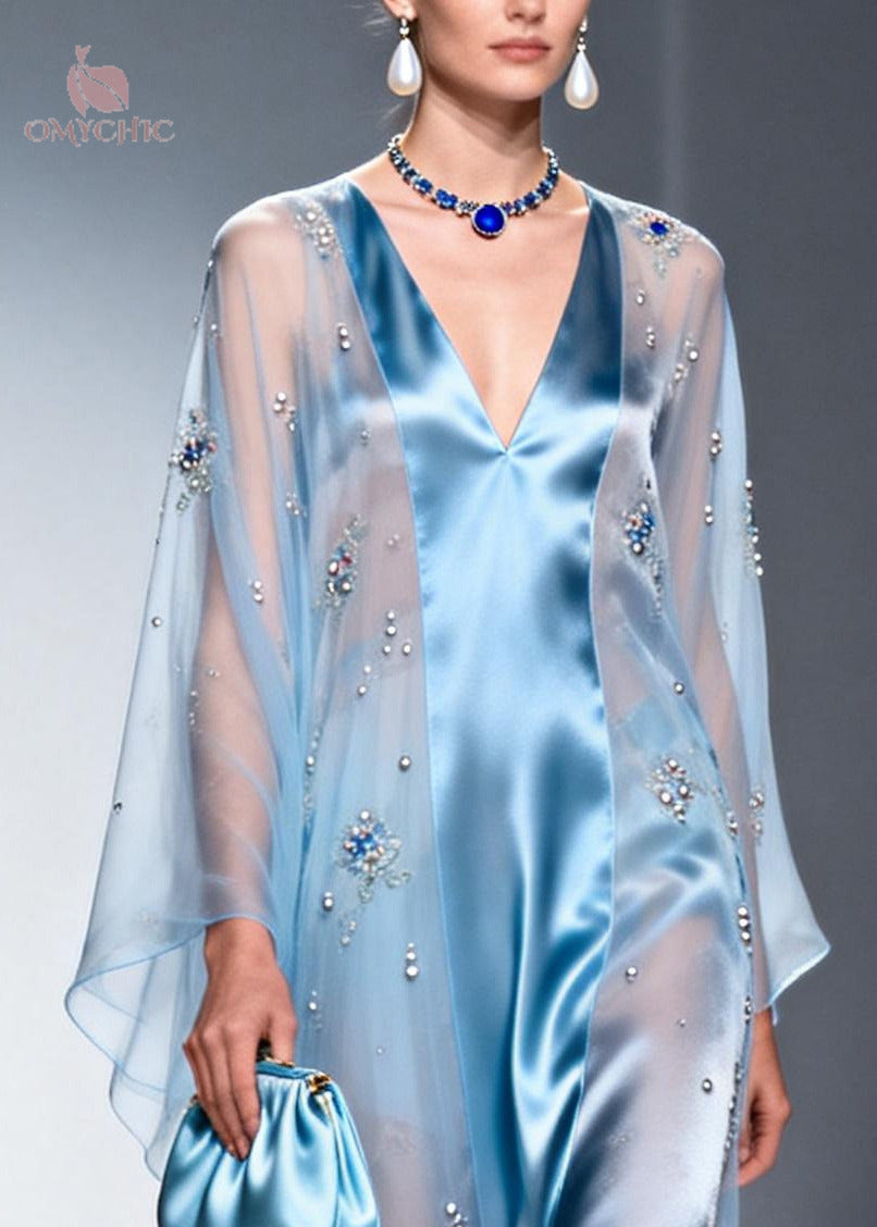 Sky Blue Patchwork Tulle Chiffon Evening Dresses Rhinestone Summer