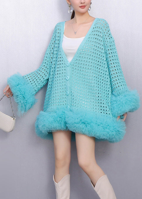 Sky Blue Patchwork Tulle Knit Cardigans Hollow Out Spring
