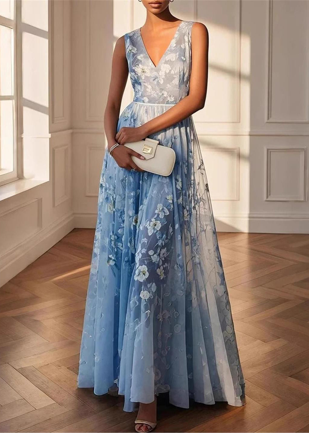 Sky Blue Print Chiffon Party Dresses Exra Large Hem Summer