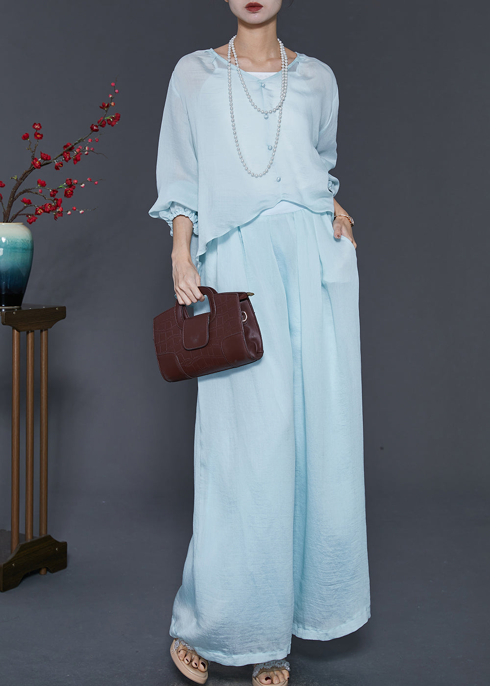 Sky Blue Silk Two Pieces Set Oversized Low High Design Spring