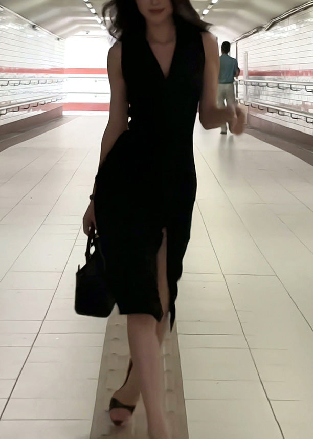 Slim Fi Black V Neck Side Open Maxi Spaghetti Strap Dresses Sleeveless