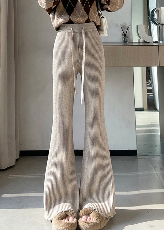 Slim Fit Apricot Drawstring Solid Knit Flared Ttrousers Spring