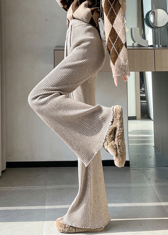 Slim Fit Apricot Drawstring Solid Knit Flared Ttrousers Spring