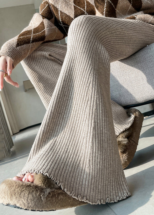 Slim Fit Apricot Drawstring Solid Knit Flared Ttrousers Spring