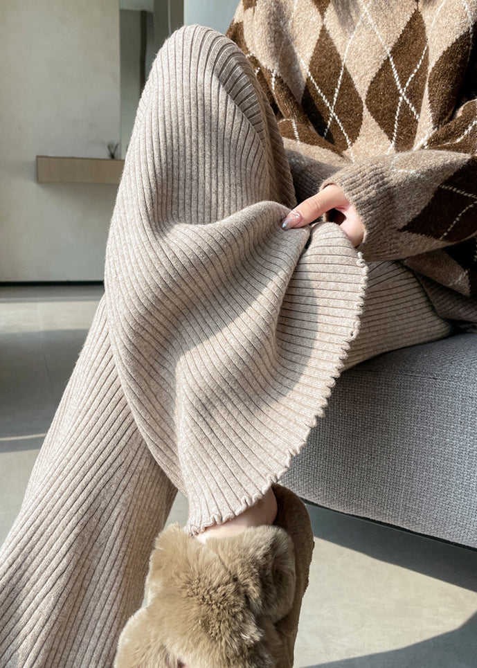 Slim Fit Apricot Drawstring Solid Knit Flared Ttrousers Spring