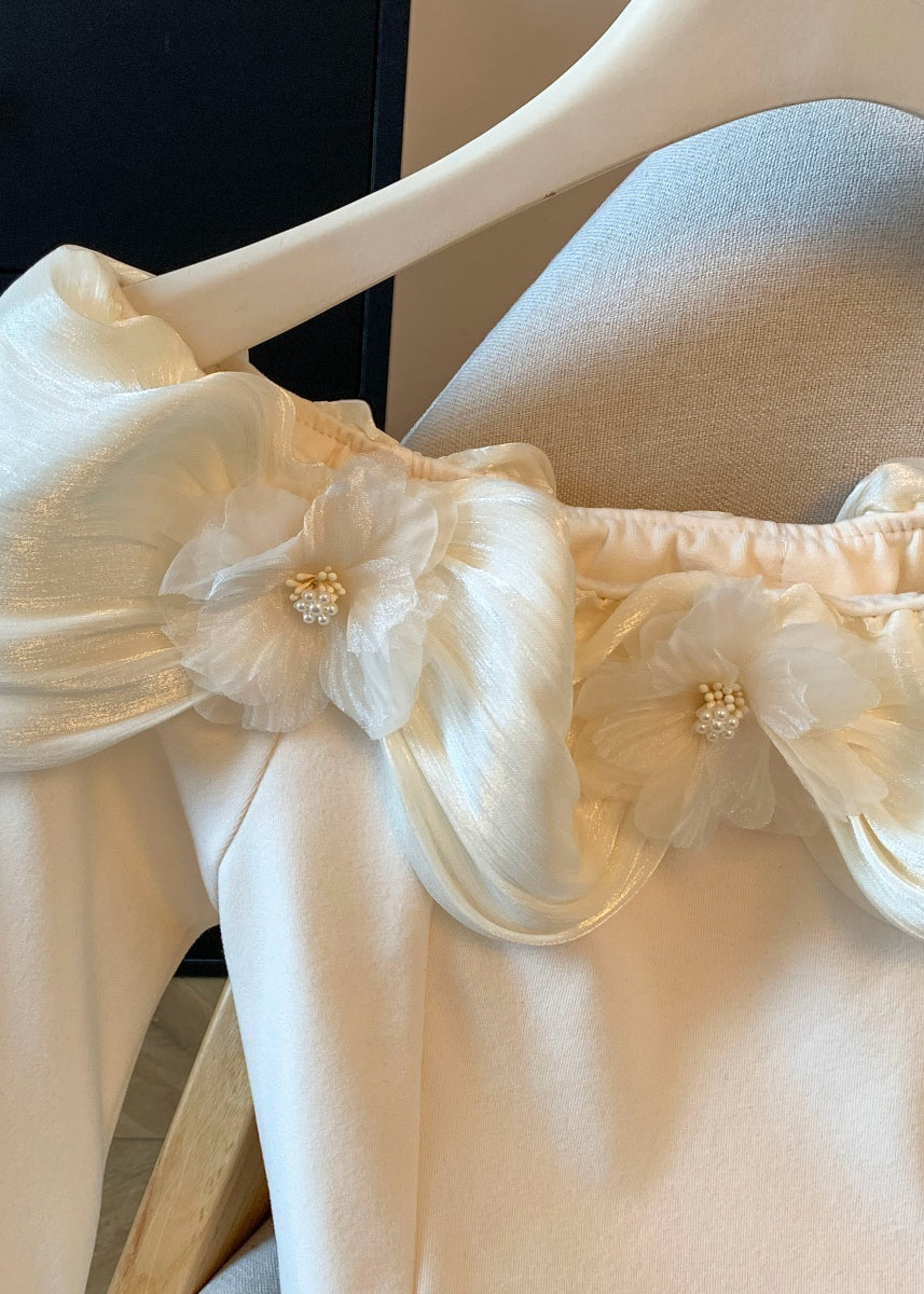 Slim Fit Apricot Floral Wrinkled Patchwork Cotton T Shirt