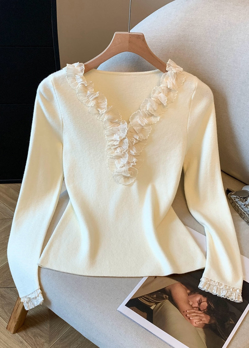 Slim Fit Apricot Ruffled Solid Knitting Cotton T Shirt Top