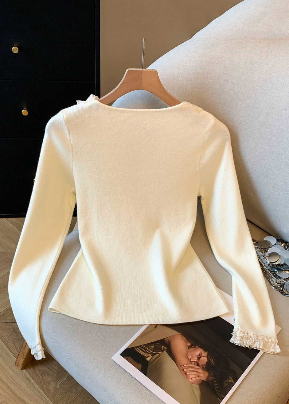 Slim Fit Apricot Ruffled Solid Knitting Cotton T Shirt Top