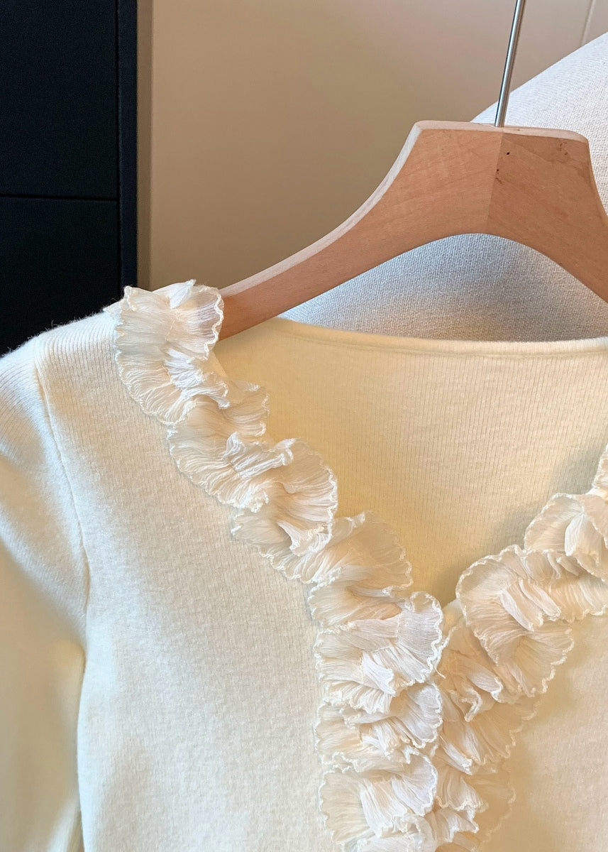 Slim Fit Apricot Ruffled Solid Knitting Cotton T Shirt Top