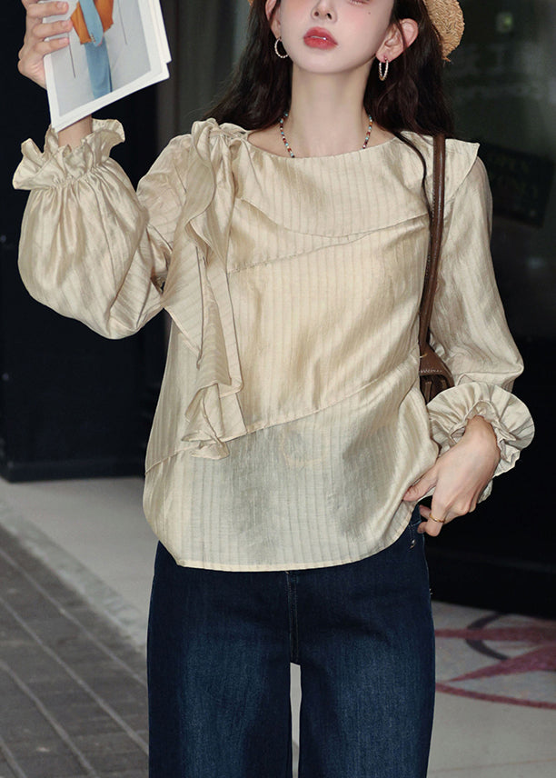 Slim Fit Apricot Striped Lace Up Cotton Blouses Butterfly Sleeve
