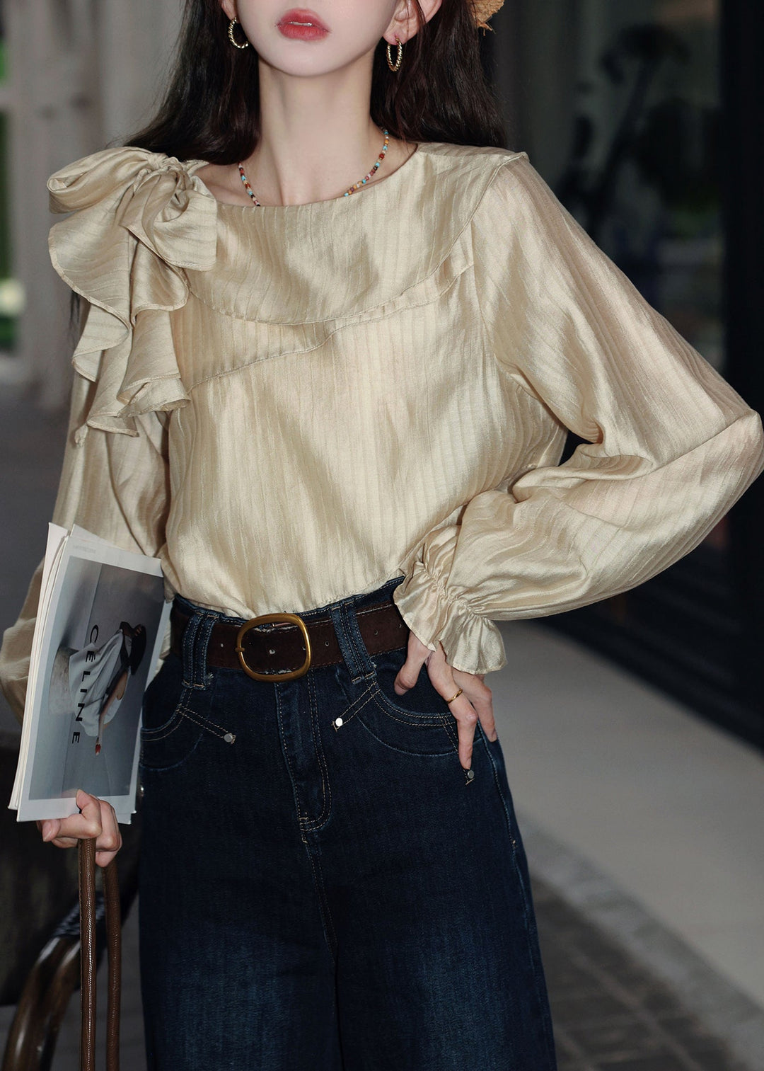 Slim Fit Apricot Striped Lace Up Cotton Blouses Butterfly Sleeve