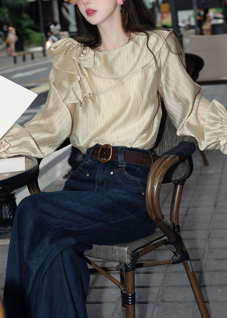 Slim Fit Apricot Striped Lace Up Cotton Blouses Butterfly Sleeve