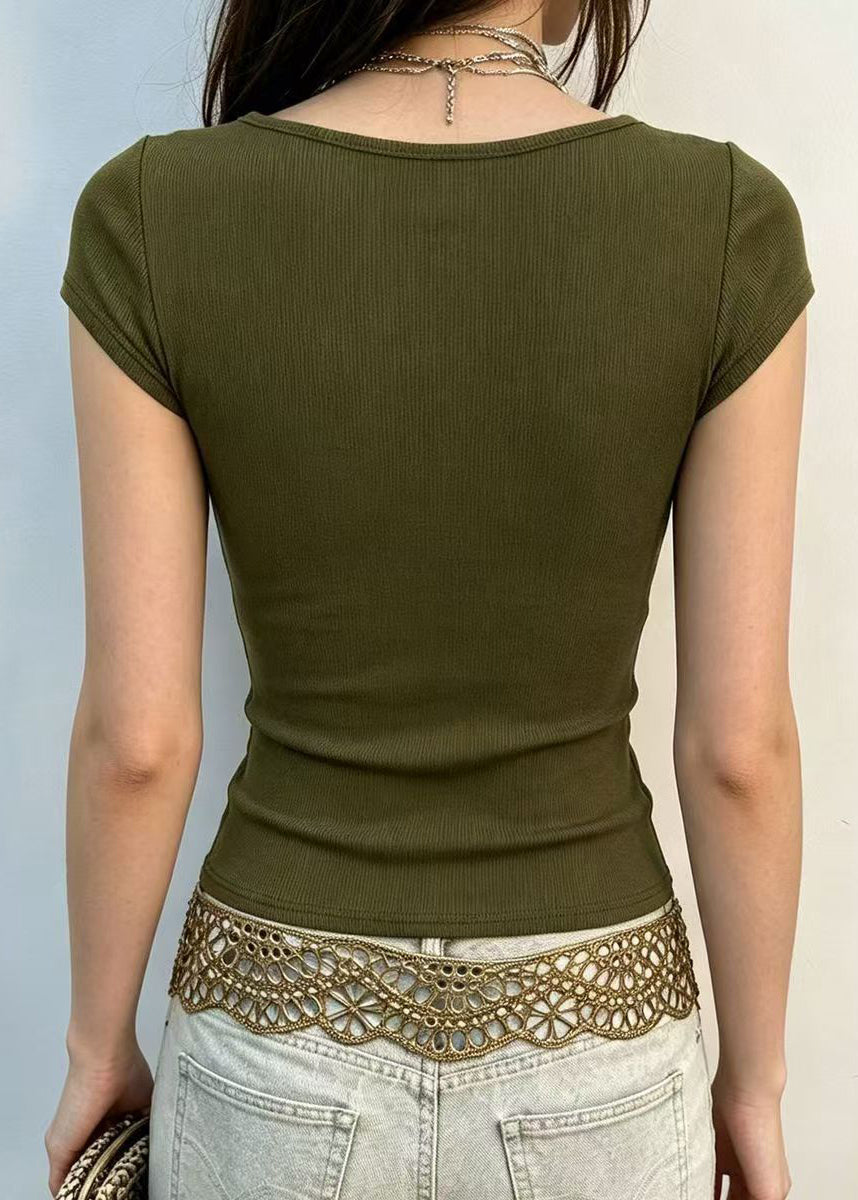 Slim Fit Army Green V Neck Butterfly Print Blouse Top Summer