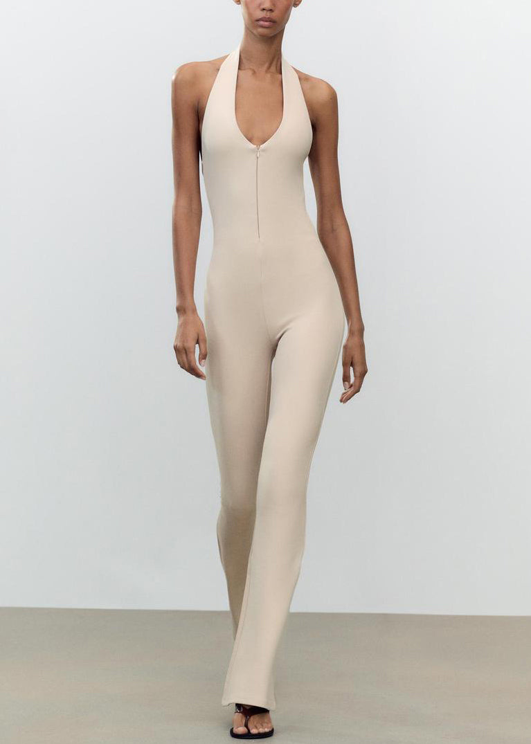 Slim Fit Beige Backless Zippered Solid Cotton Jumpsuit Sleeveless