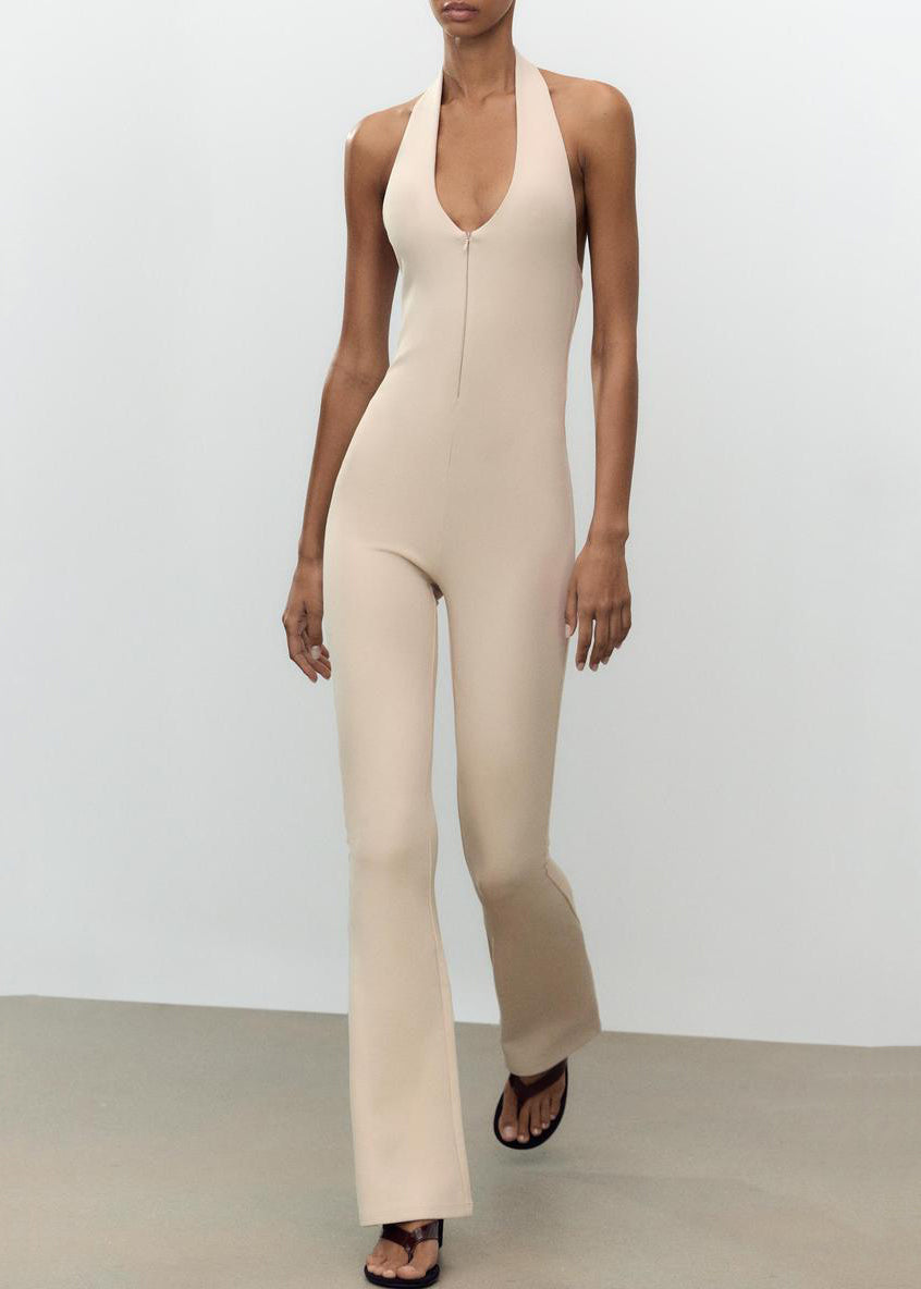Slim Fit Beige Backless Zippered Solid Cotton Jumpsuit Sleeveless