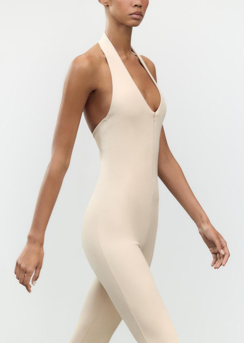 Slim Fit Beige Backless Zippered Solid Cotton Jumpsuit Sleeveless