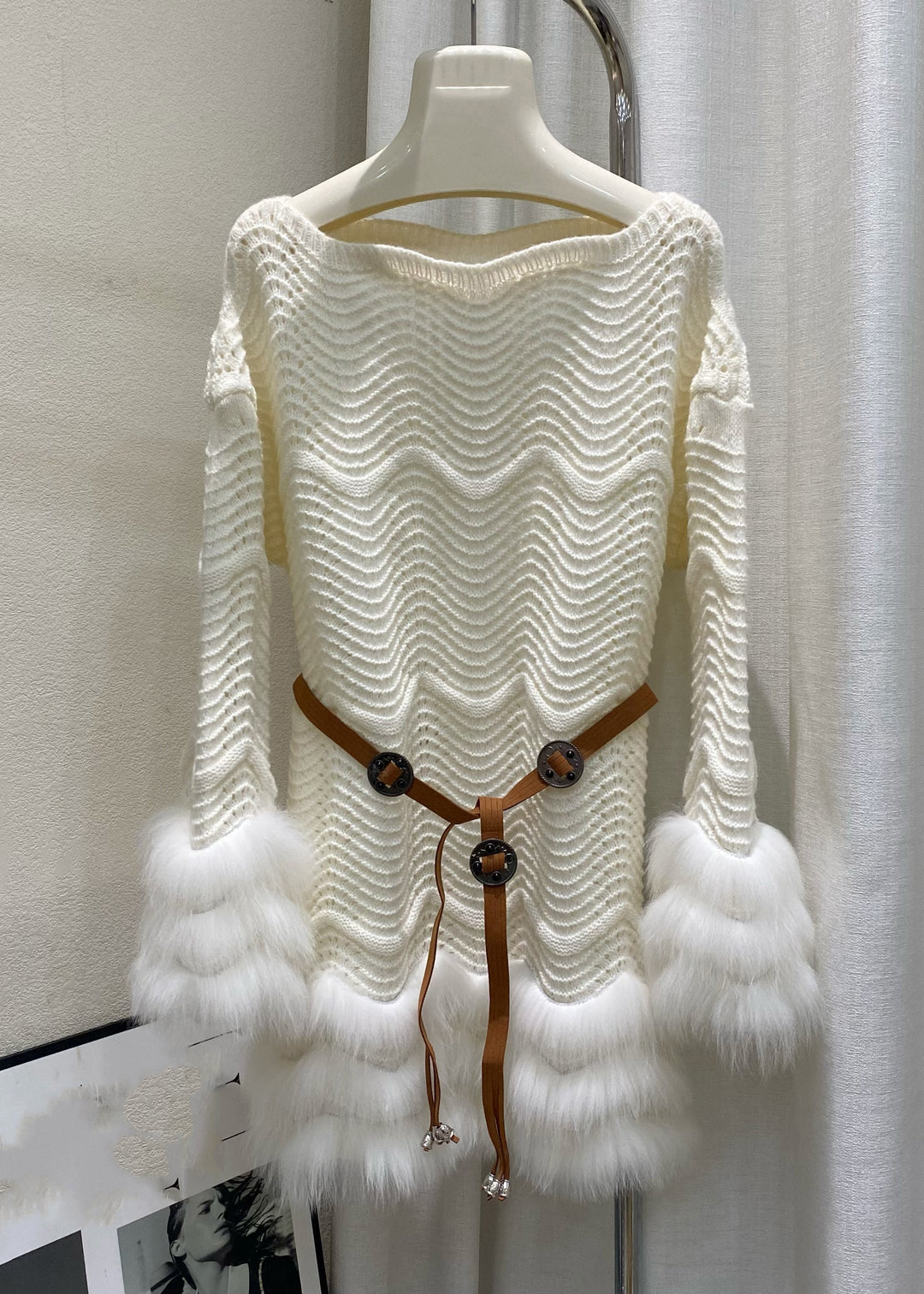 Slim Fit Beige Fox Patchwork Tie Waist Cotton Knit Sweaters Winter