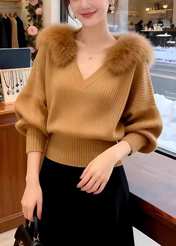Slim Fit Beige Fur Collar Solid Knit Sweater Tops Winter