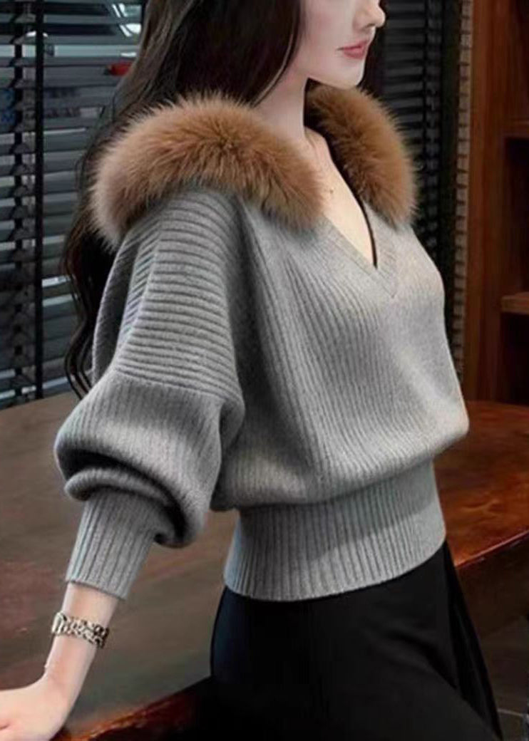 Slim Fit Beige Fur Collar Solid Knit Sweater Tops Winter