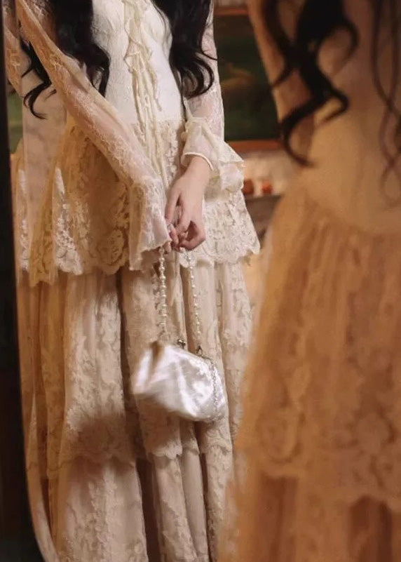 Slim Fit Beige V Neck Ruffled Patchwork Lace Maxi Dress Flare Sleeve