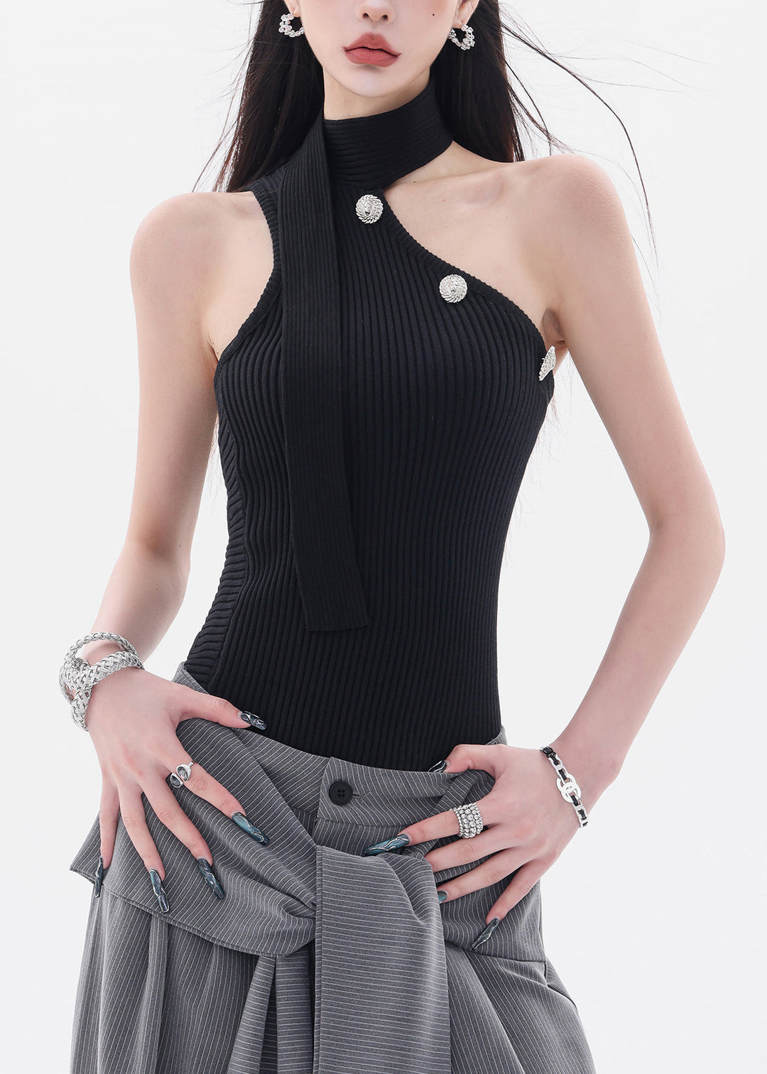 Slim Fit Black Asymmetrical Cold Shoulder Knit Top Sleeveless