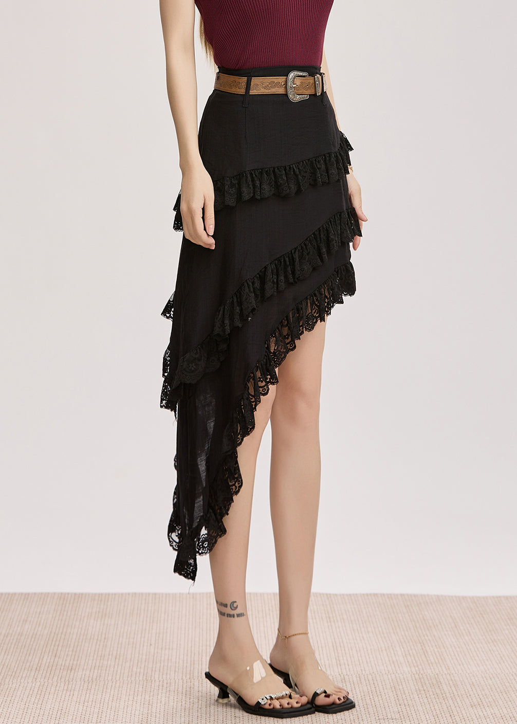 Slim Fit Black Asymmetrical Lace Patchwork Cotton Skirt Summer
