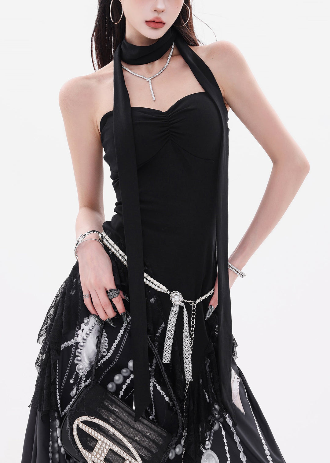 Slim Fit Black Asymmetrical Lace Solid Cotton Tank Sleeveless