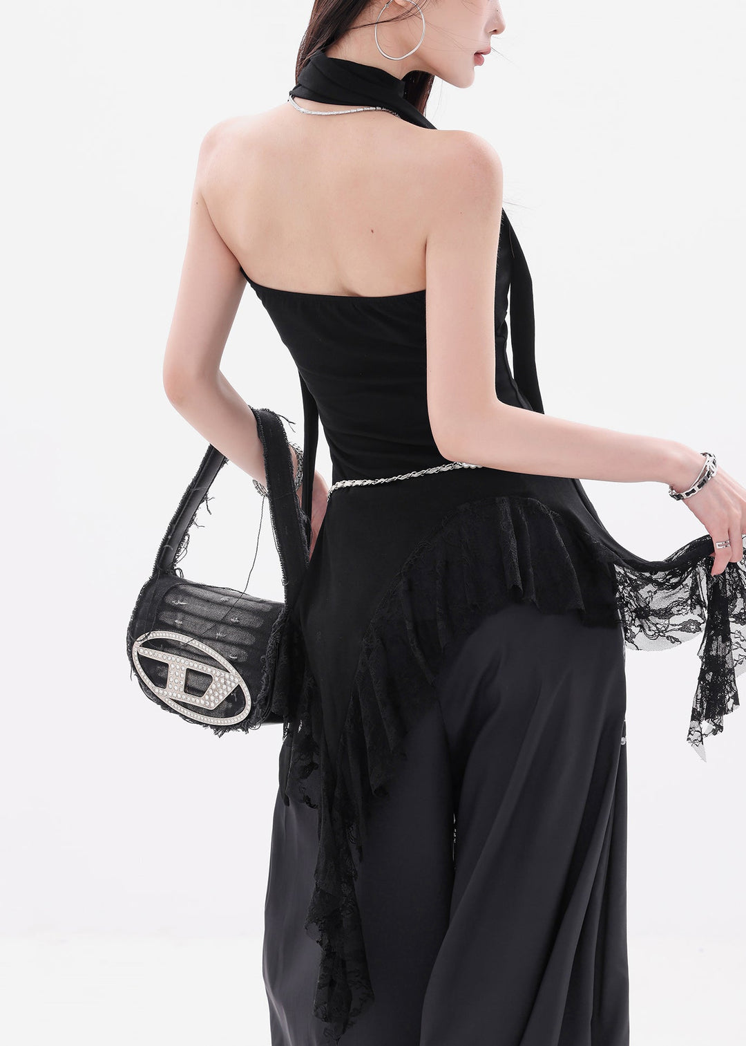 Slim Fit Black Asymmetrical Lace Solid Cotton Tank Sleeveless