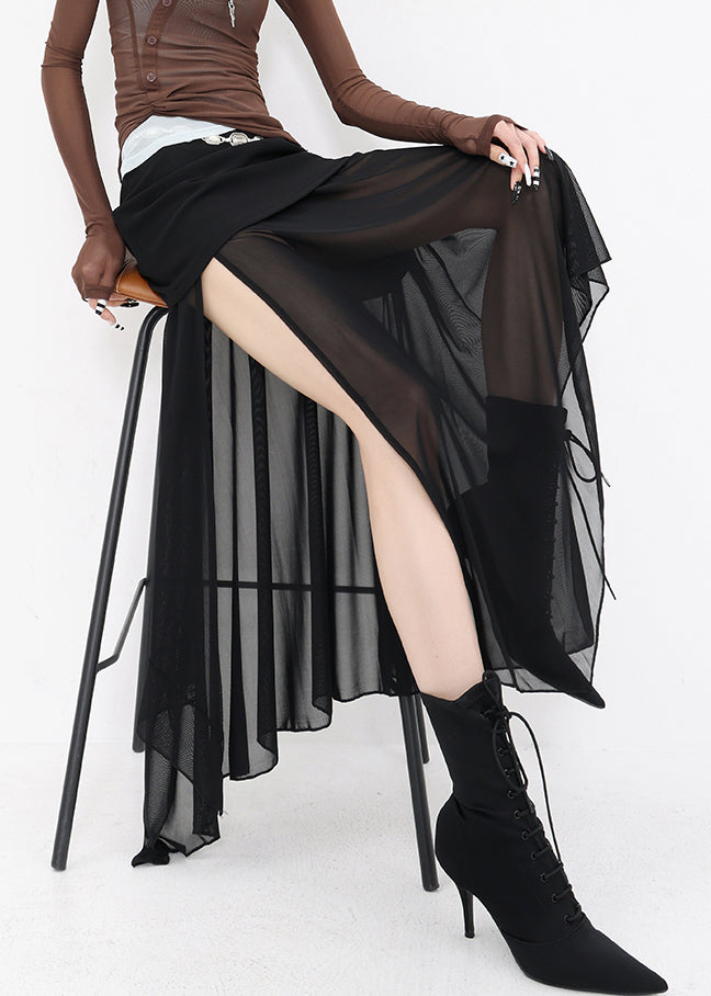 Slim Fit Black Asymmetrical Patchwork Tulle Skirts Summer