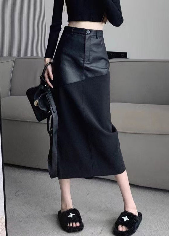 Slim Fit Black Back Side Open Faux Leather Patchwork Skirts Summer