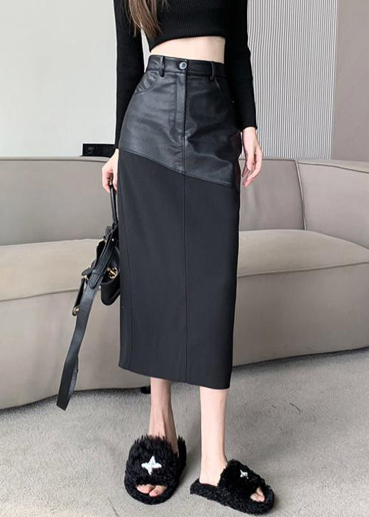 Slim Fit Black Back Side Open Faux Leather Patchwork Skirts Summer